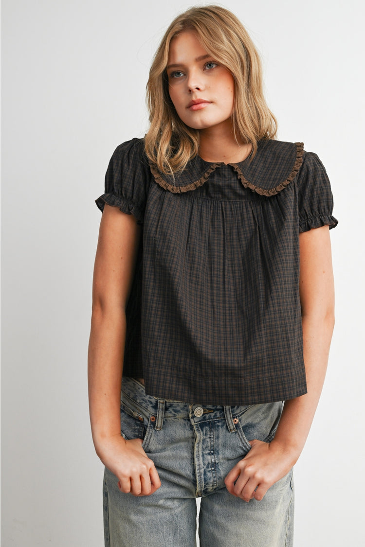Plaid Peter Pan Collar Puff Sleeve Blouse