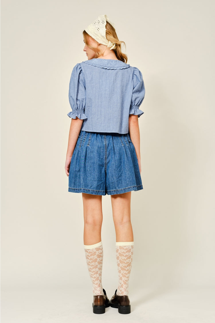 Embroidered Collar Ribbon Tie Short Sleeve Blouse