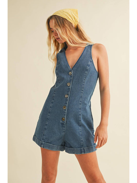 Button Up Sleeveless Denim Romper