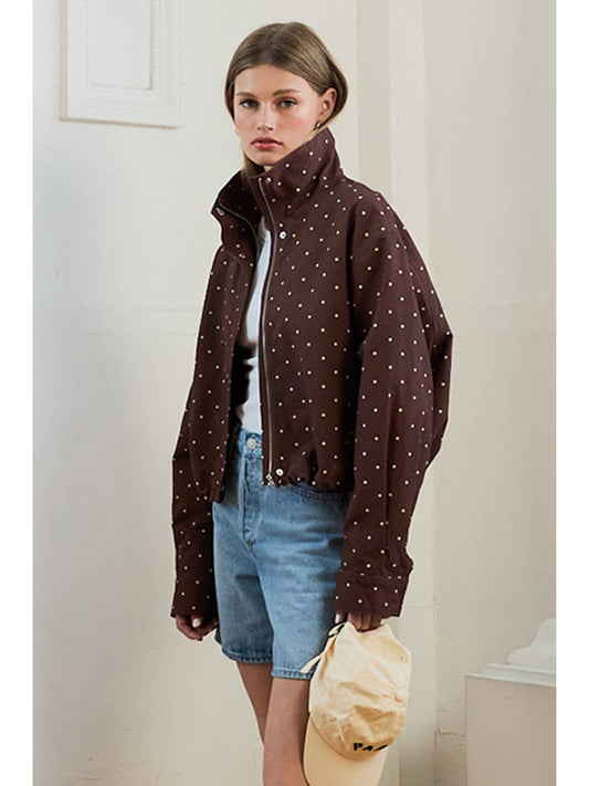 Polka Dot High Neck Drawstring Pullover Jacket