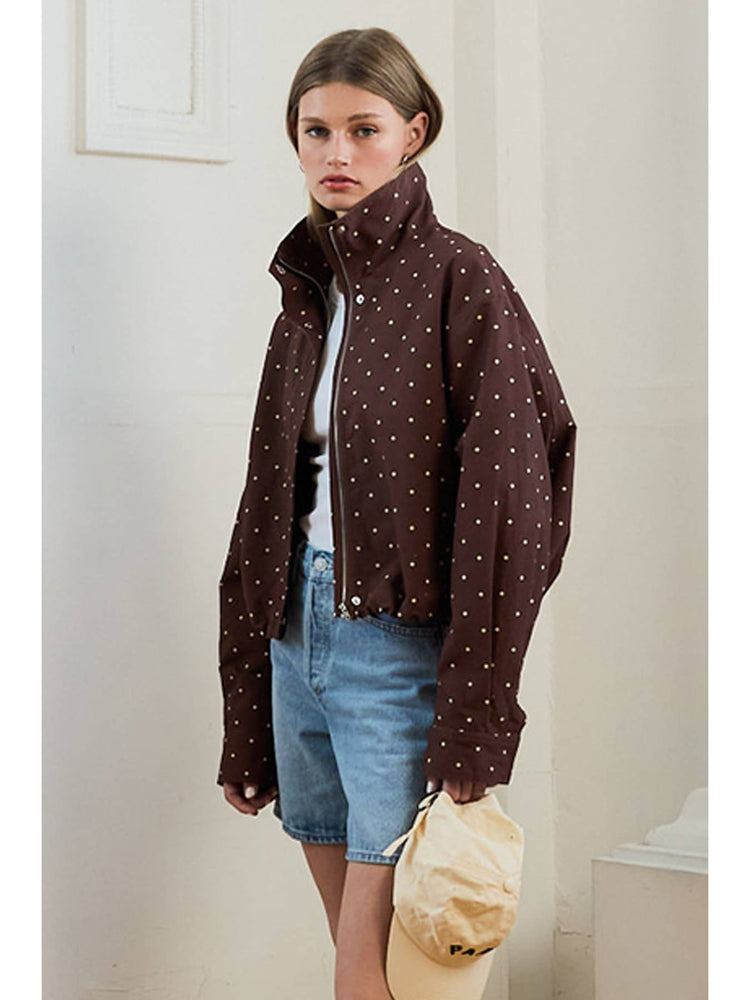 Polka Dot High Neck Drawstring Pullover Jacket