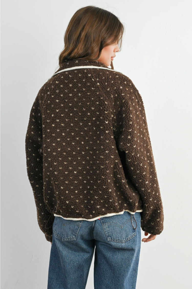 The Fern Dot Sherpa Fleece Snap Jacket in Brown & Taupe