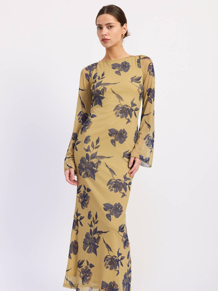 Long Sleeve Floral Print Maxi Mesh Dress with Open Back