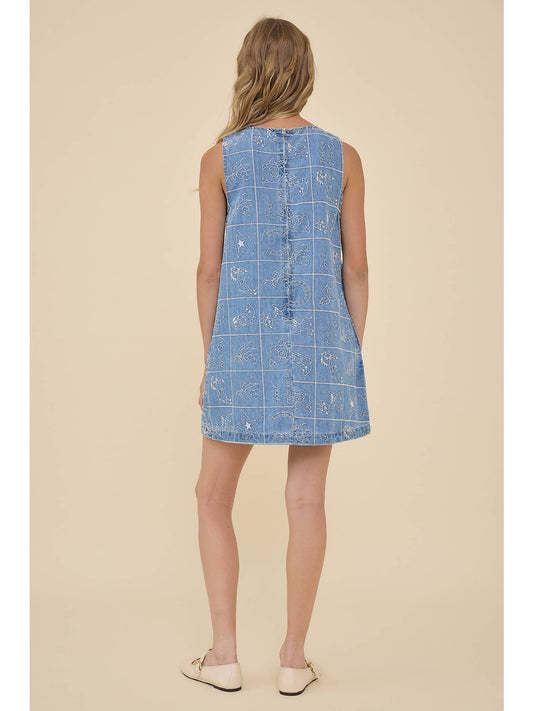 Embroidered Denim Shift Mini Dress