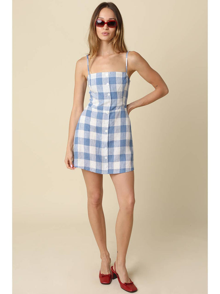 Lisa Gingham Button Front Mini Linen Dress