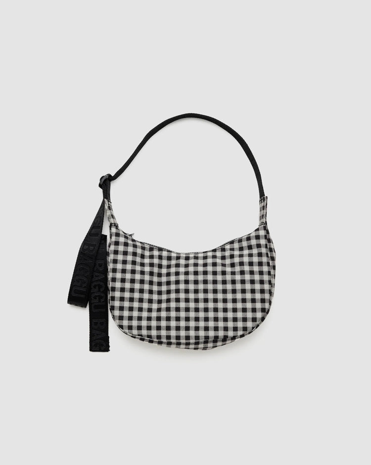 Baggu Small Nylon Crescent Bag in Black and White Gingham