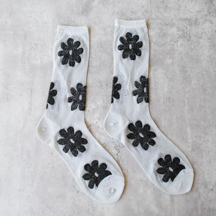 Grey Vintage Glitter Flower Socks