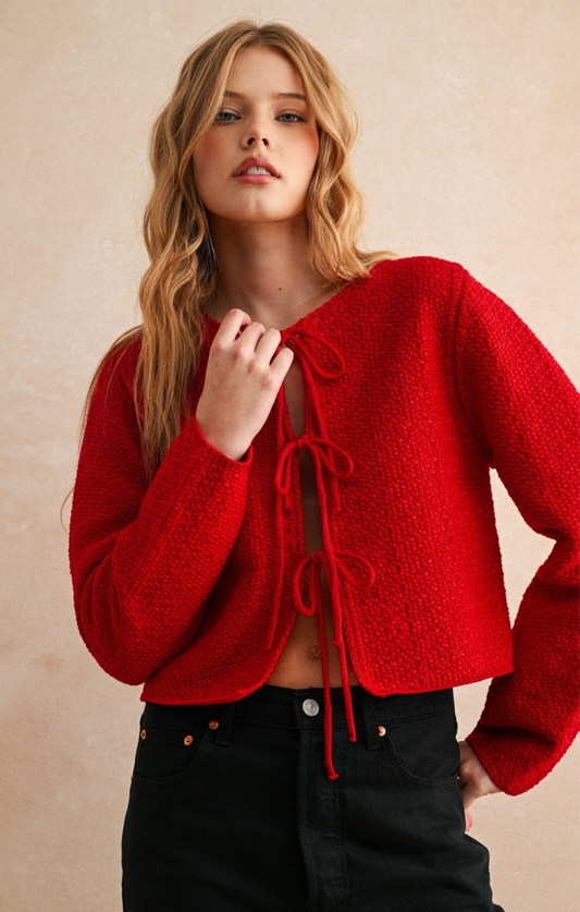 Rowyn Front Tie Cardigan in Red