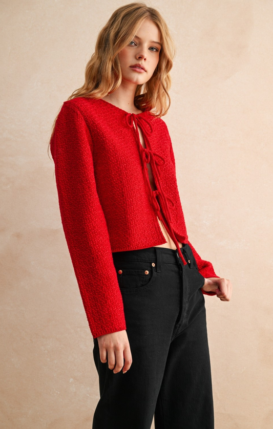 Rowyn Front Tie Cardigan in Red