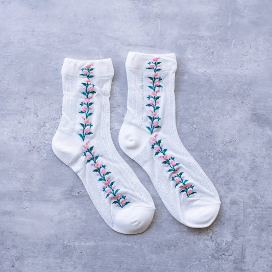 White Floral Mesh Casual Socks