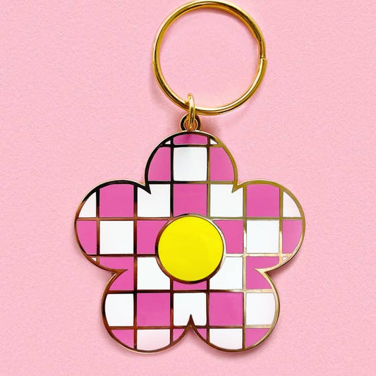 Pink Checkered Flower Enamel Keychain