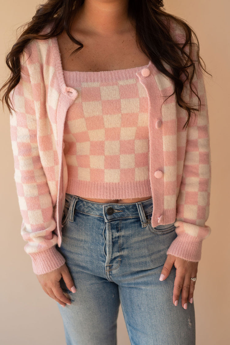 Cozy Checkered Cardigan in Pink Multi