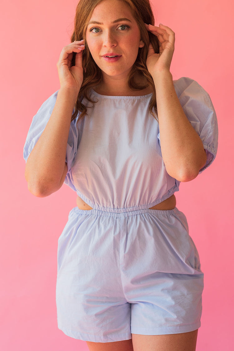 Chambray Puff Sleeve Cut Out Romper