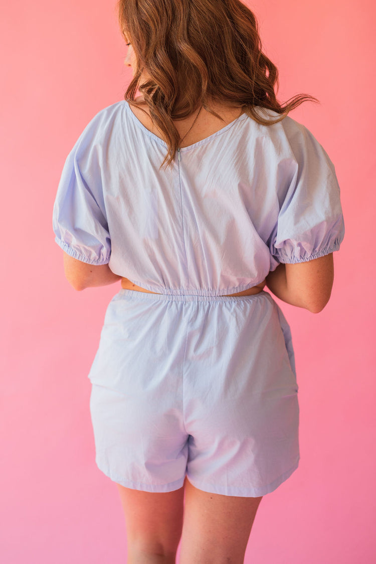 Chambray Puff Sleeve Cut Out Romper