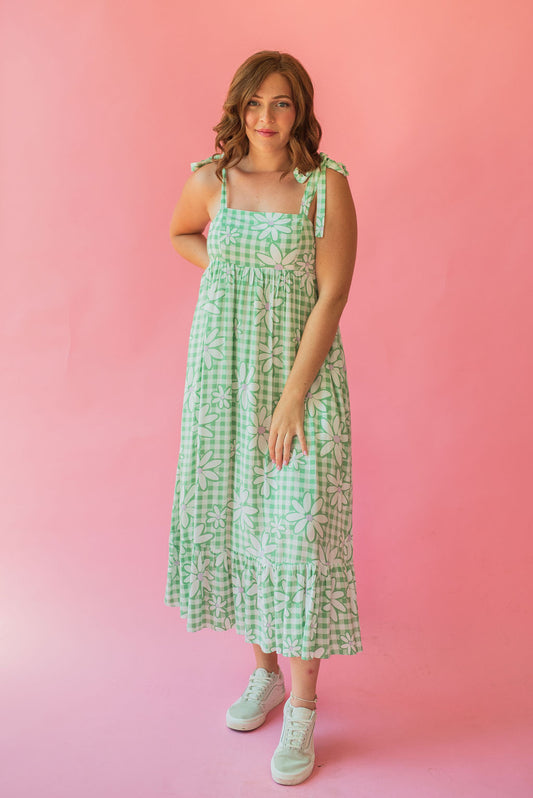 Green Gingham Daisy Print Midi Babydoll Dress