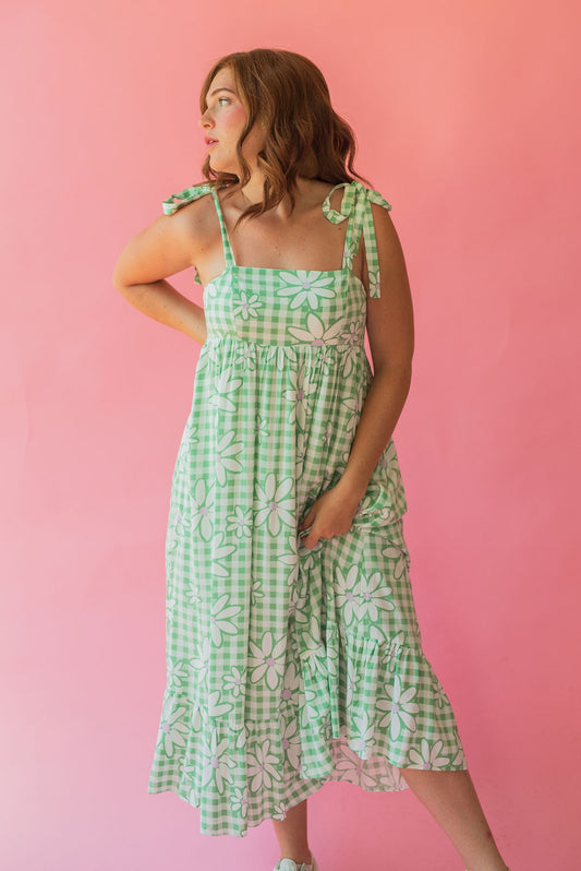 Green Gingham Daisy Print Midi Babydoll Dress