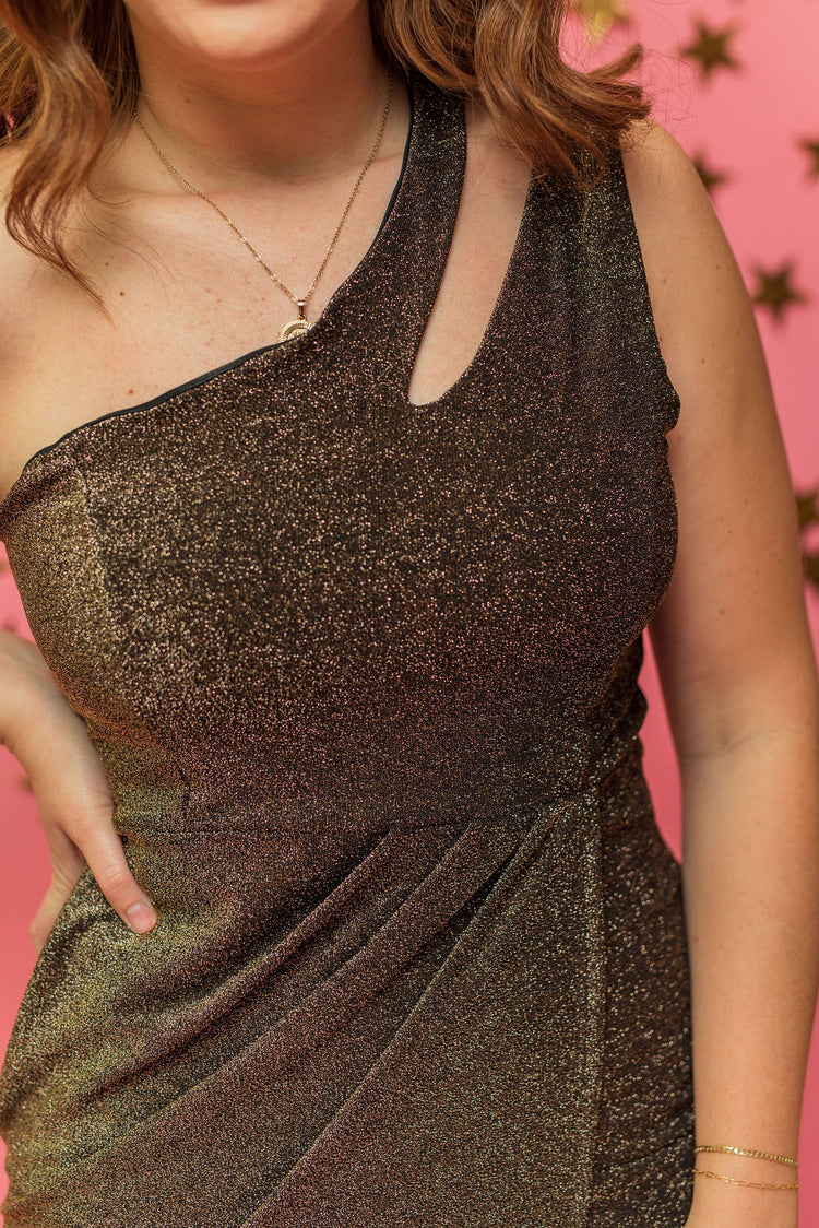 Black/Gold One-Shoulder Cut Out Midi Dress