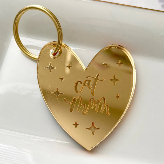 Cat Mom Gold Heart Keychain