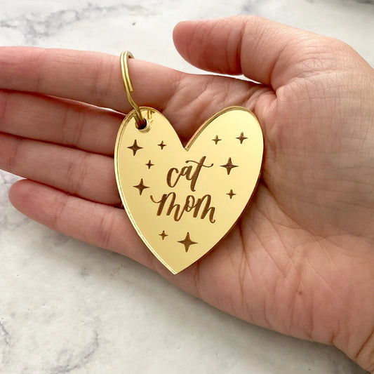 Cat Mom Gold Heart Keychain
