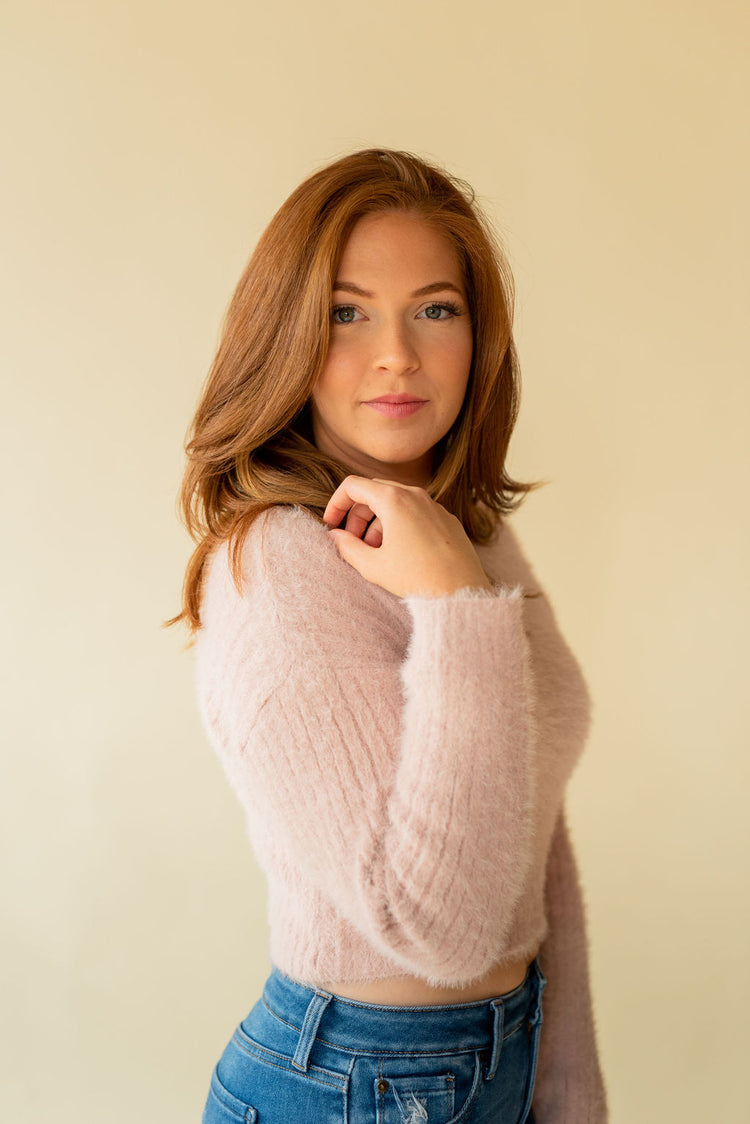 Fuzzy Crop Sweater in Mauve