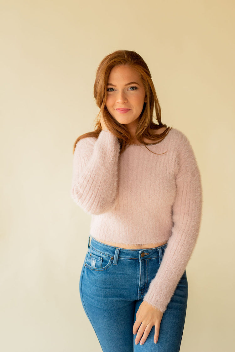 Fuzzy Crop Sweater in Mauve