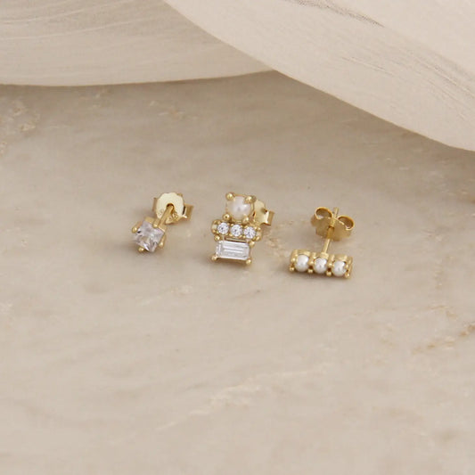 Maive Pearl CZ Diamond Stud Earring Set